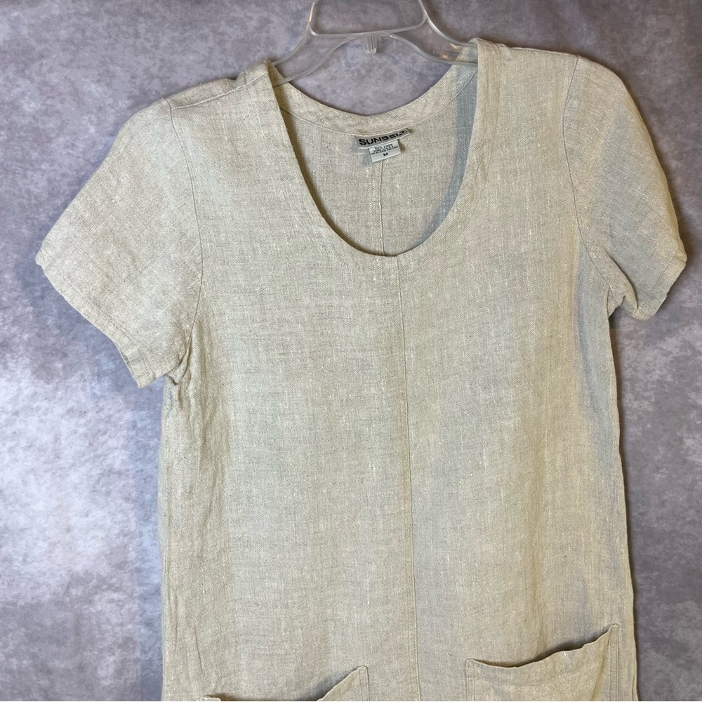 Sunbelt Beige Linen Shift Dress Summery Rustic Minimalist Medium Pockets - Picture 2 of 15